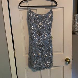 Blue Sparkly Open Back Mini Dress